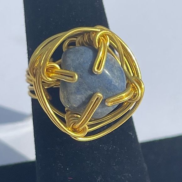 BLUE AVENTURINE QUARTZ ADJUSTABLE WIREWRAPPED CHUNKY GEMSTONE RING - Picture 3 of 16